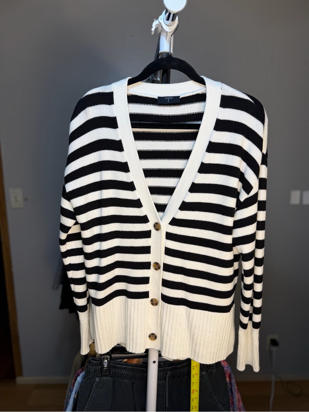 Tahari Black & White Striped V-Neck Button Cardigan